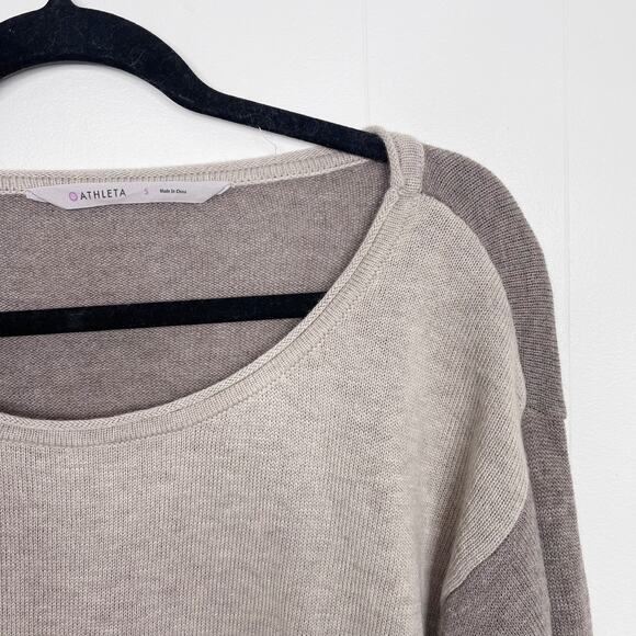Athleta Small Merino Wool Frisco Sweater Boat Neck Colorblock Cream Brown - Picture 3 of 13